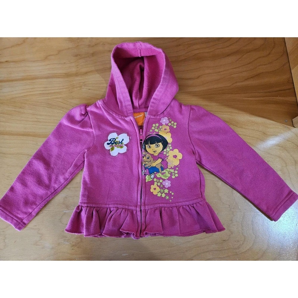 Y2K Nick Jr Dora the Explorer 18 Mo Pink, Ruffled, Front Zip Hooded Sweatshirt.